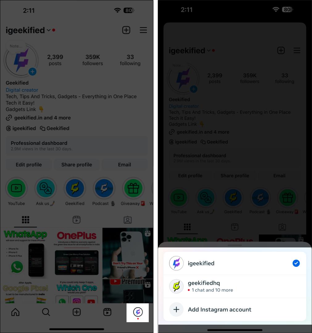 Switching between added accounts on the iOS Instagram app by double-tapping the profile button.