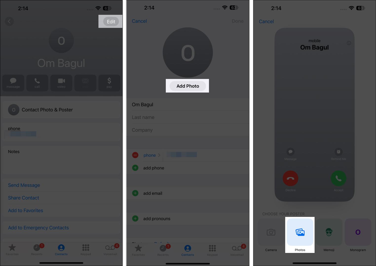 Tap Add Photo button for a contact in Phone app on iPhone.