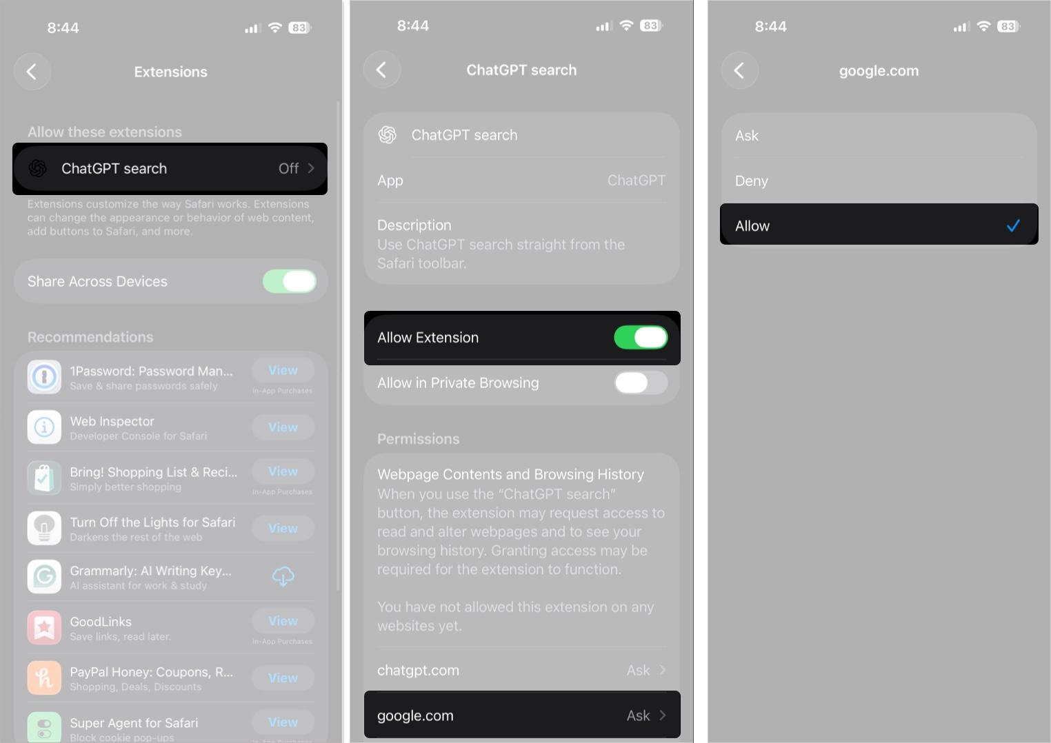 Tap ChatGPT search and Toggle on Allow Extension