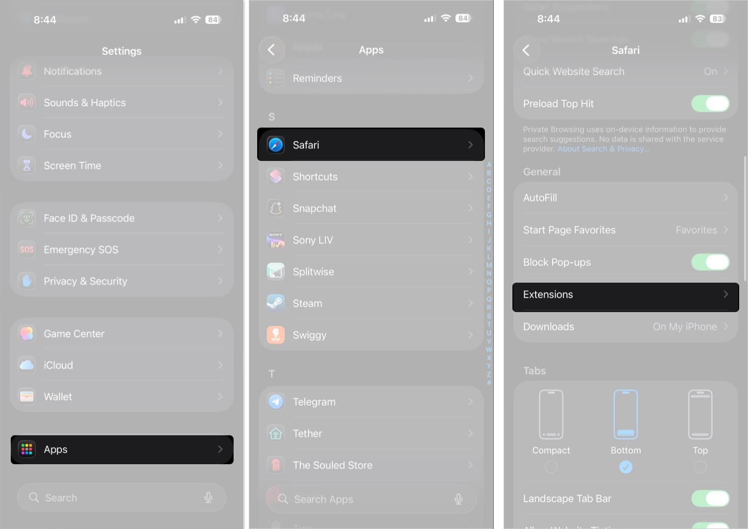 Tap Extensions under General in Safari Settings
