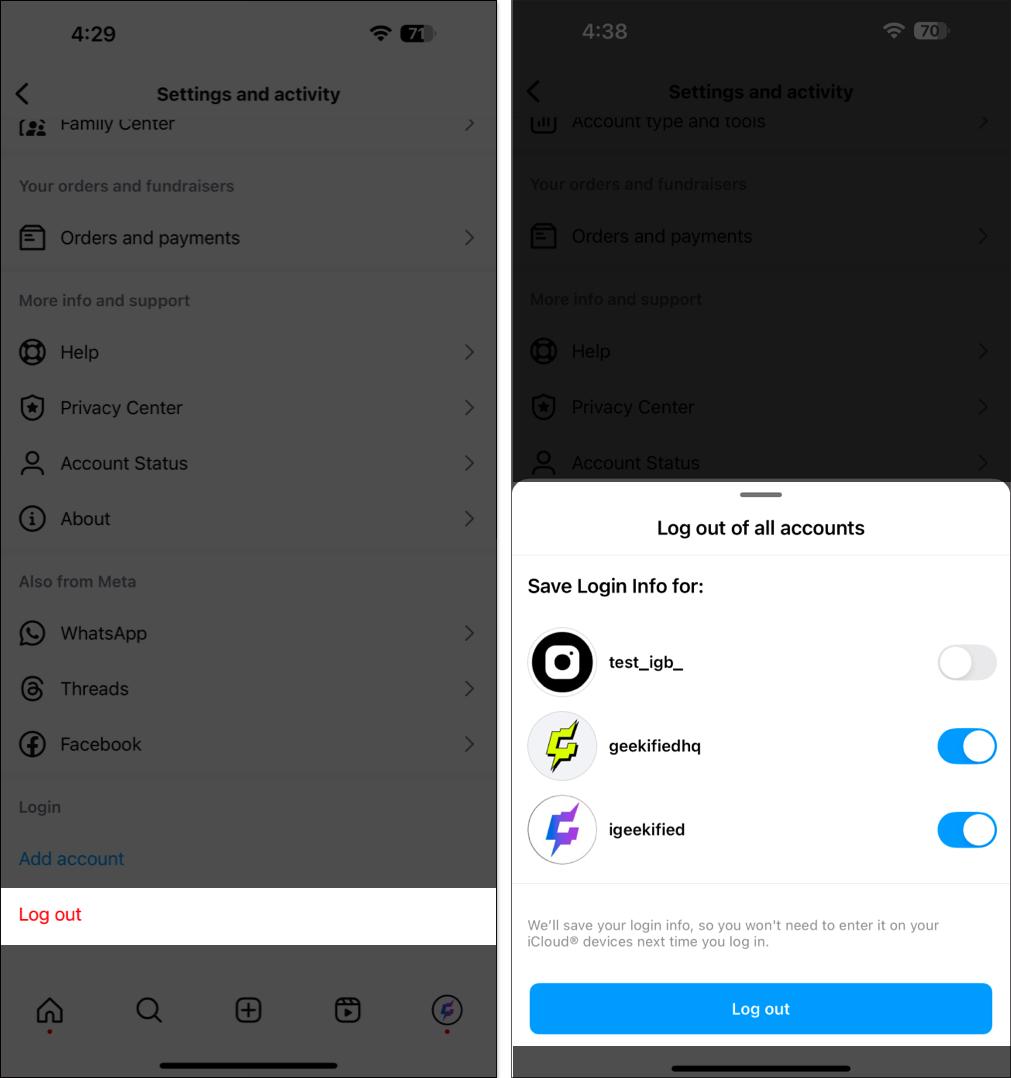 Logging out of added Instagram accounts on the iOS app.