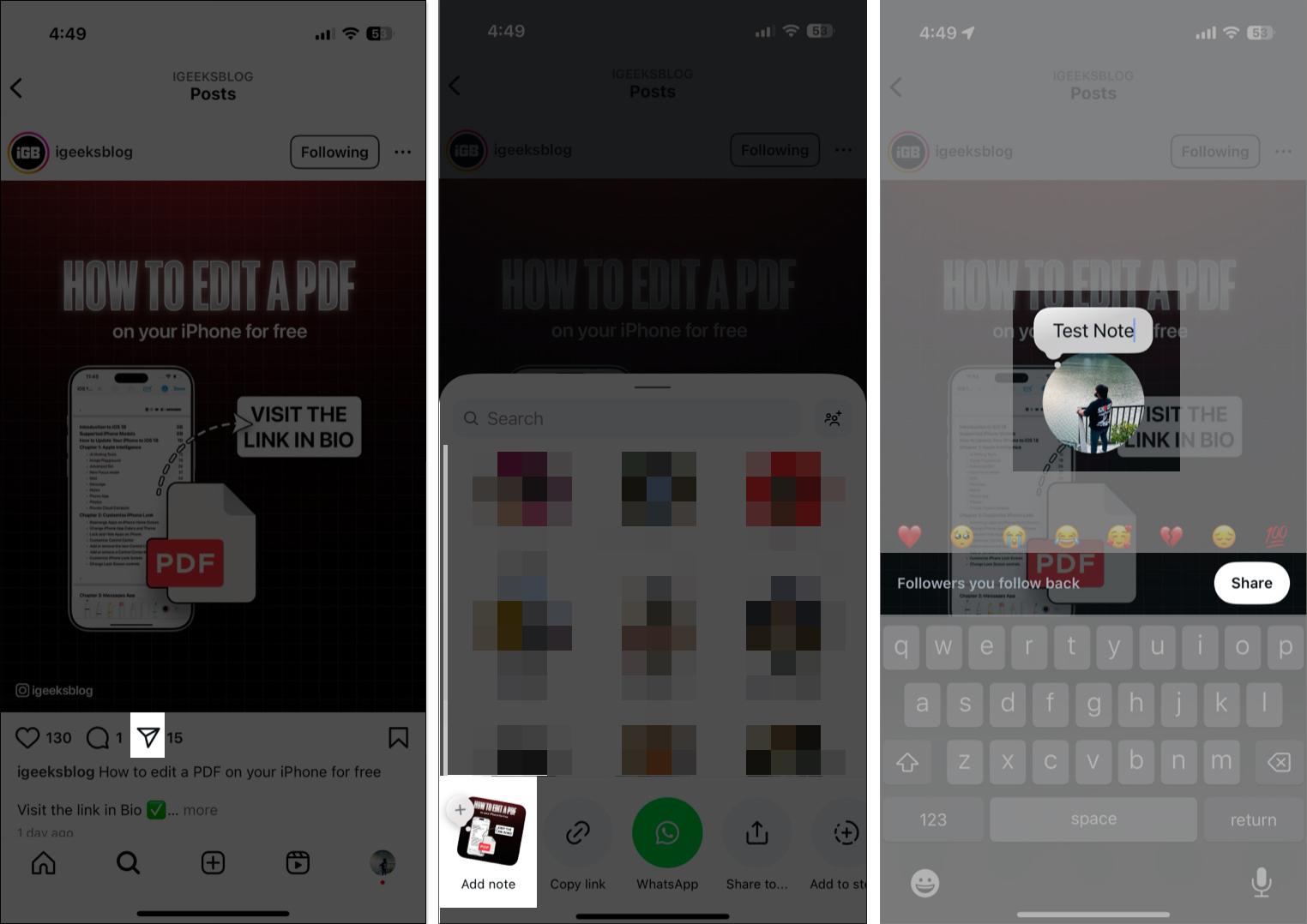 Tap on Share icon on Instagram post and select Add note option from the Share Sheet.