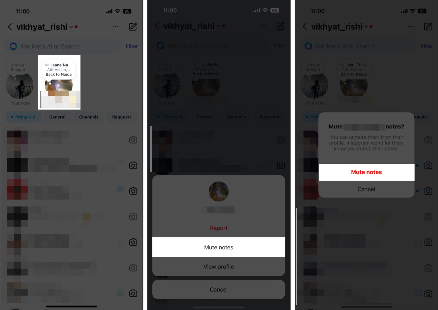 Tap on a Note from Instagram DM section and select Mute notes option from the pop up on iPhone.
