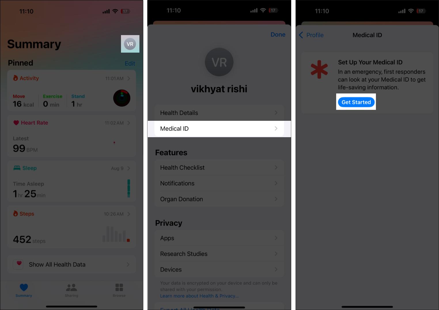 Tap on profile picture in Health app and select Medical ID on iPhone.