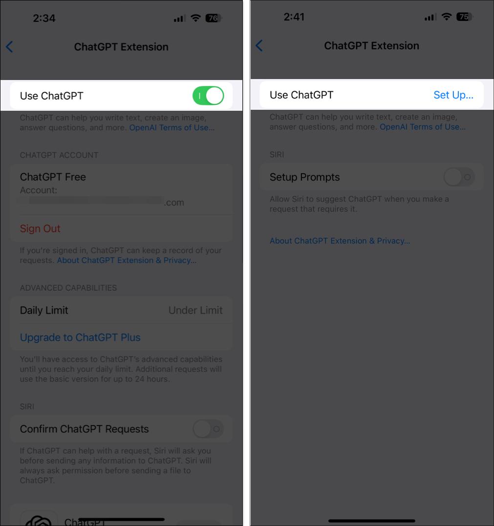 Toggling off ChatGPT in iPhone Settings.