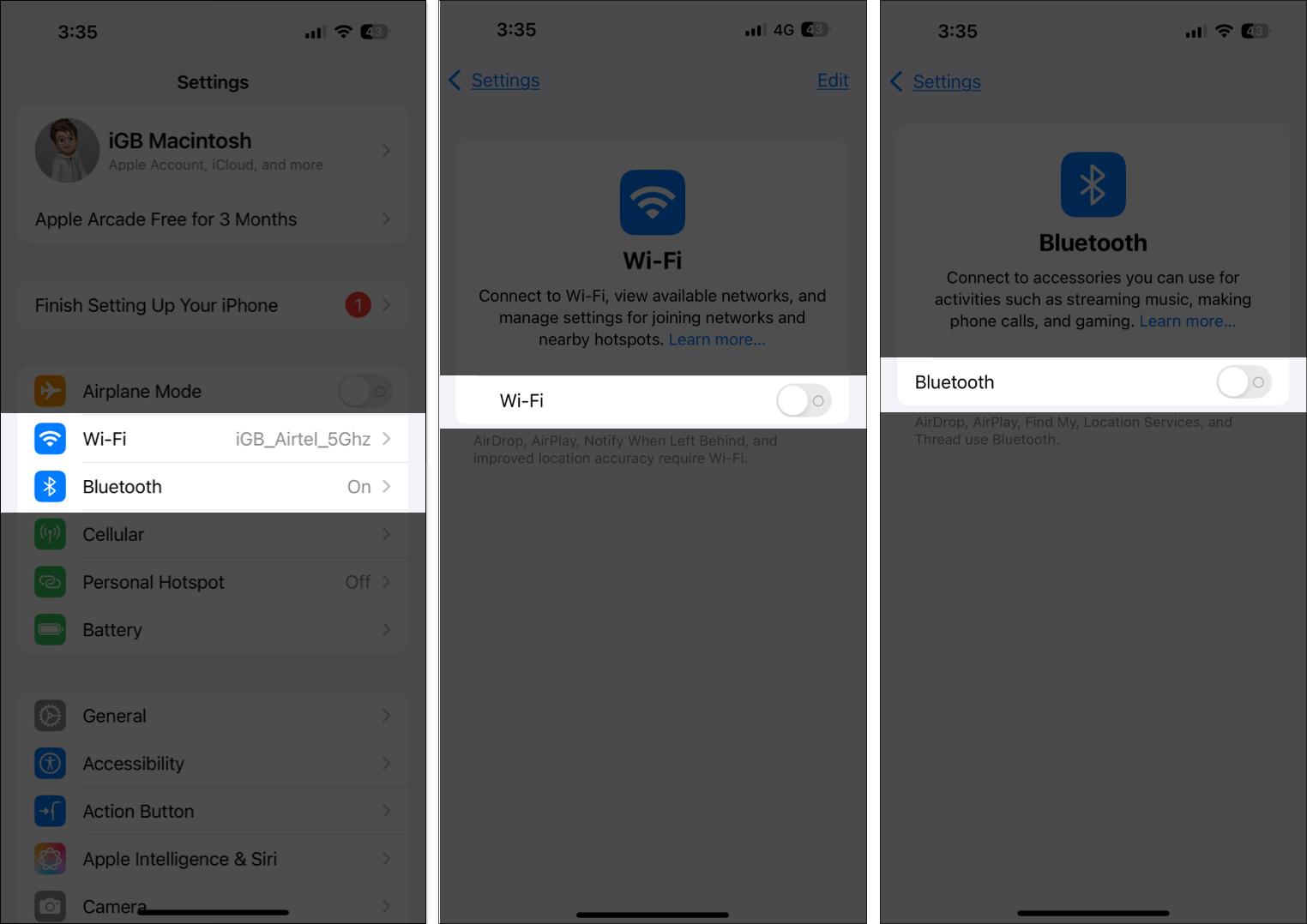 Toggle off Wifi and Bluetooth from iPhone settings.