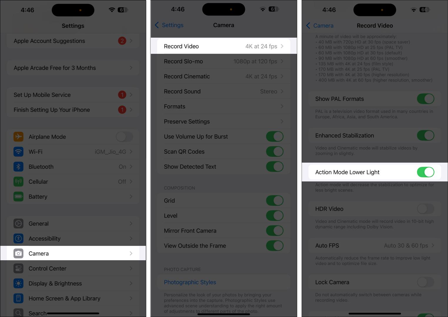 Toggling on the Action Mode Lower Light option from the iPhone Camera settings page.