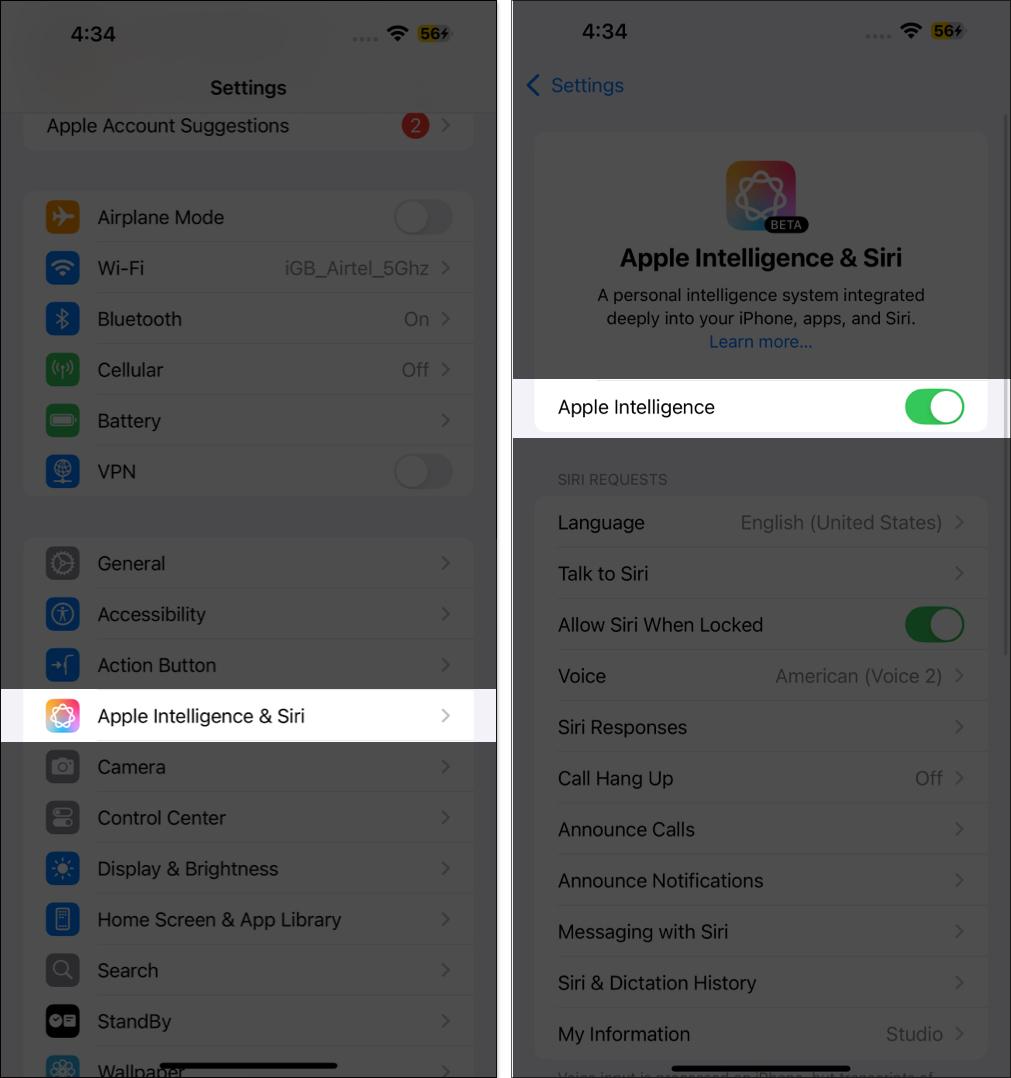 Enabling Apple Intelligence on an iPhone via the Settings app.