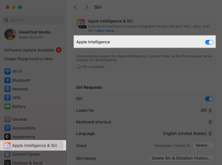 Toggling on Apple Intelligence from the System Settings on a Mac.