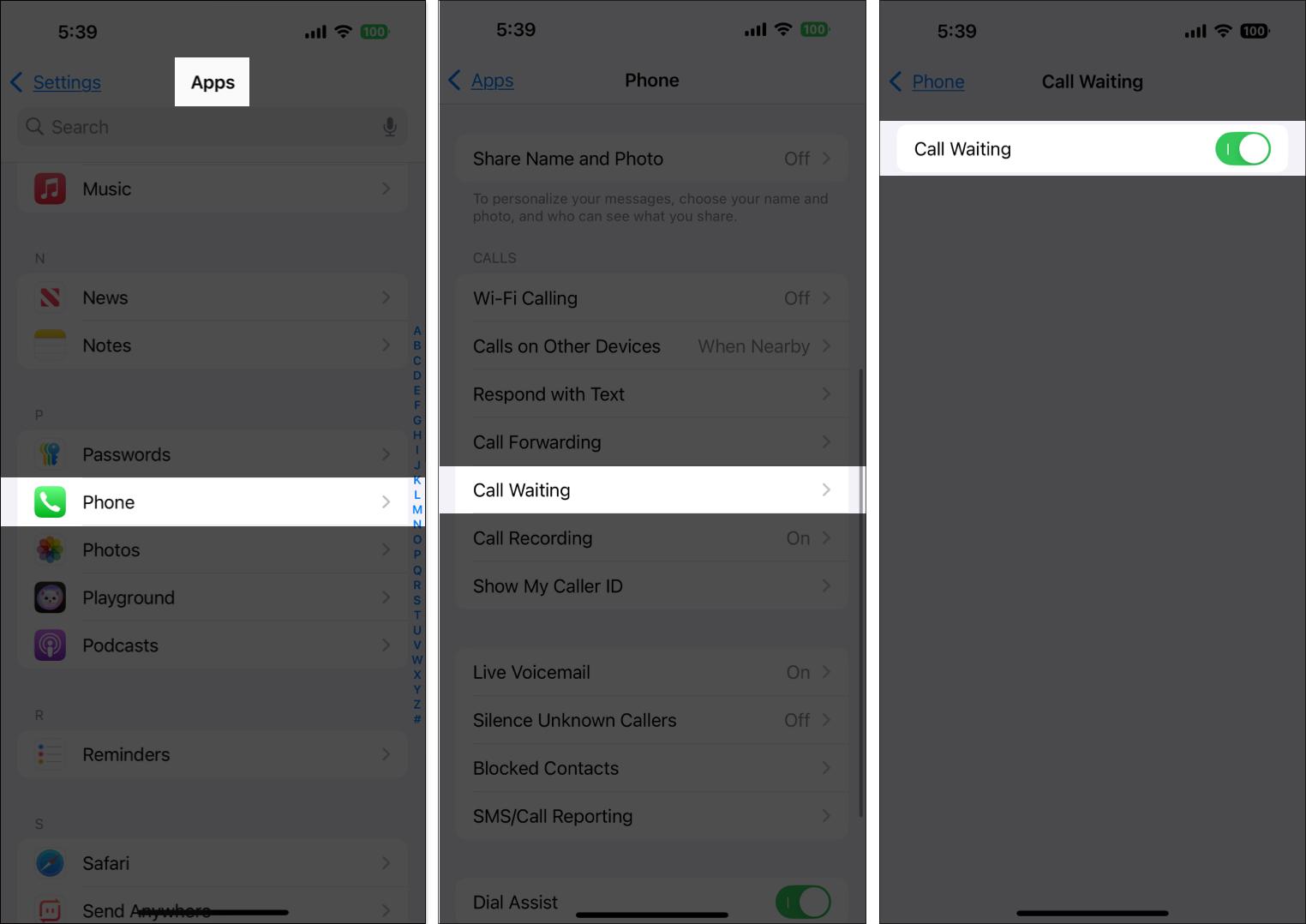 Toggling on the Call Waiting feature in the iPhone Settings app.