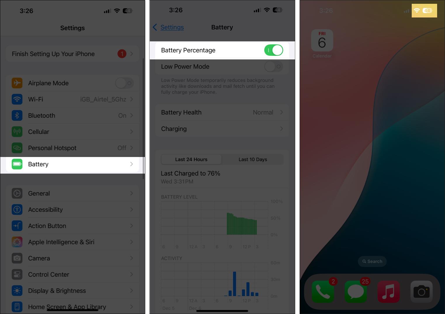 Toggling on Battery Percentage from iPhone settings app.