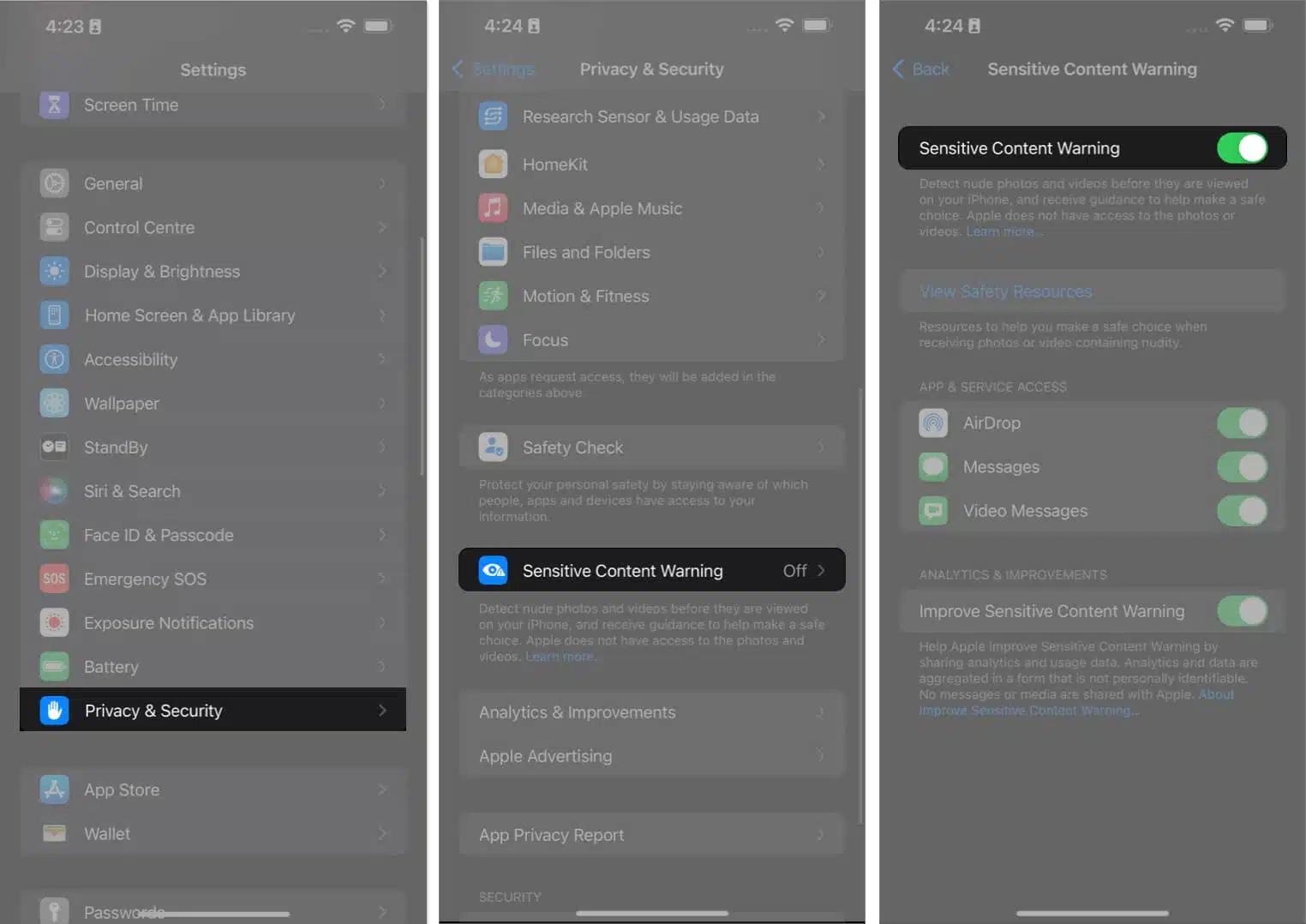 Toggling on Sensitive Content Warning from Privacy and Security settings on iPhone.