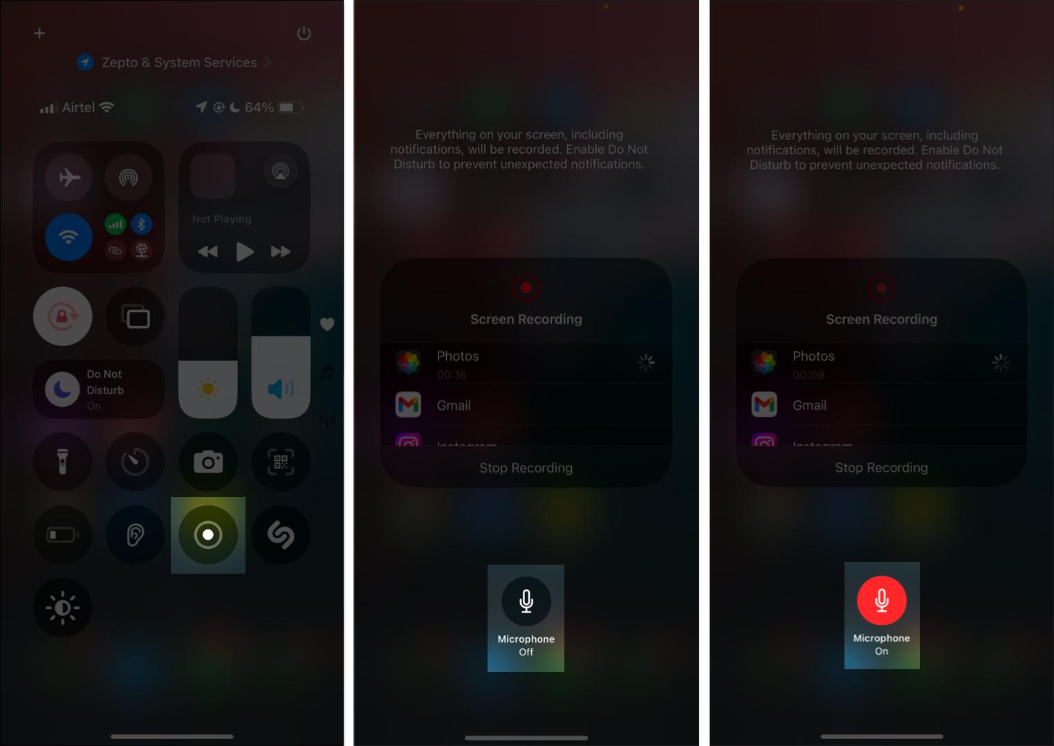Turning on Microphone to record screen with audio from Control Center.