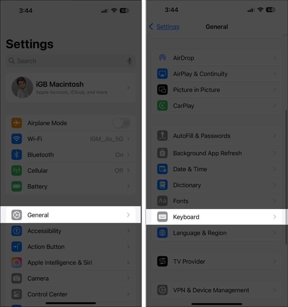 Accessing Keyboard settings on an iPhone.