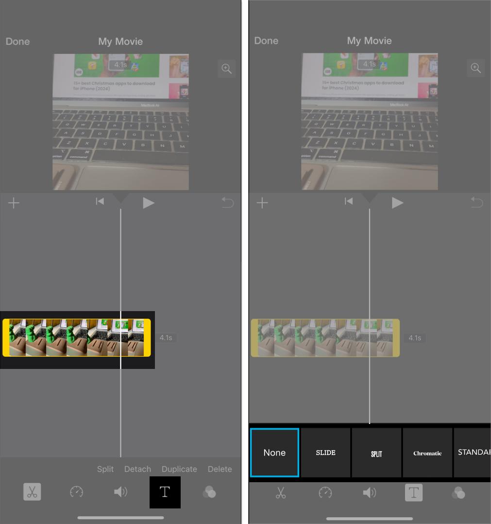 Accessing editing tools in iMovie app on iPhone.