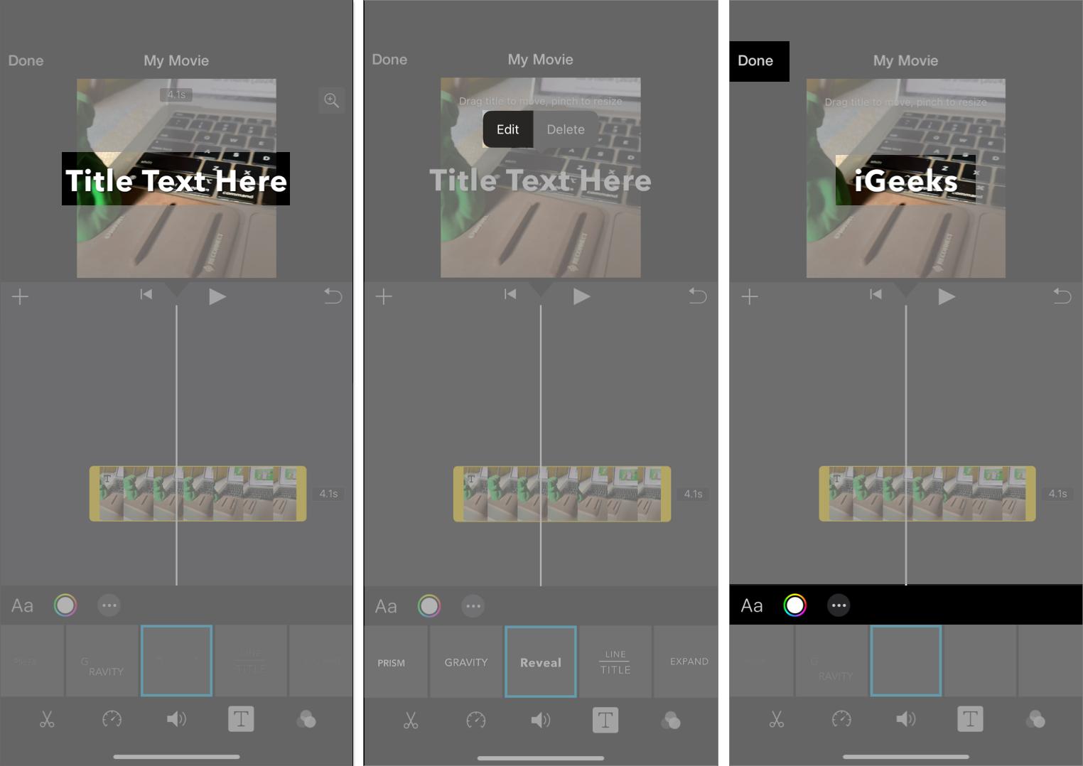 Adding and editing text in a video in iMovie app.