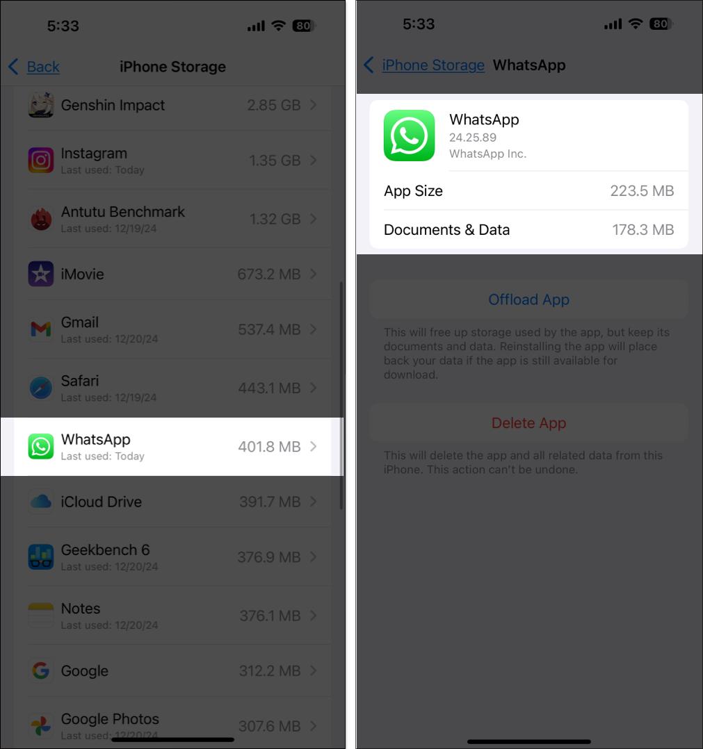 Checking Whatsapp storage from iPhone settings app.