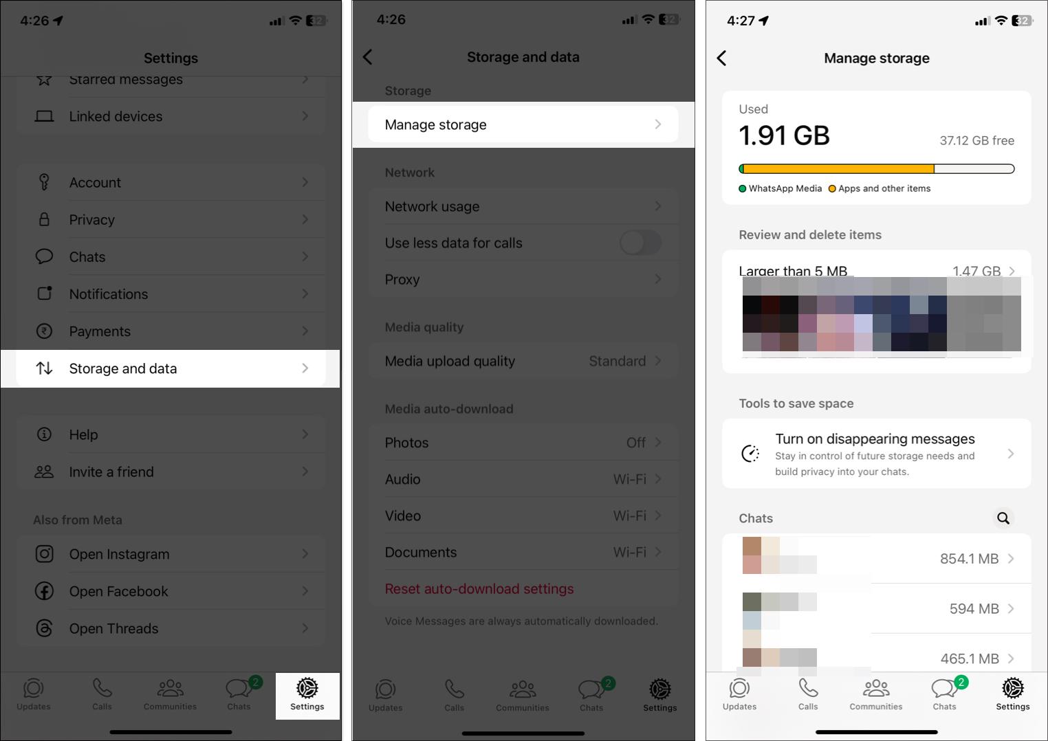 Checking Whatsapp storage usage from Whatsapp app on iPhone.