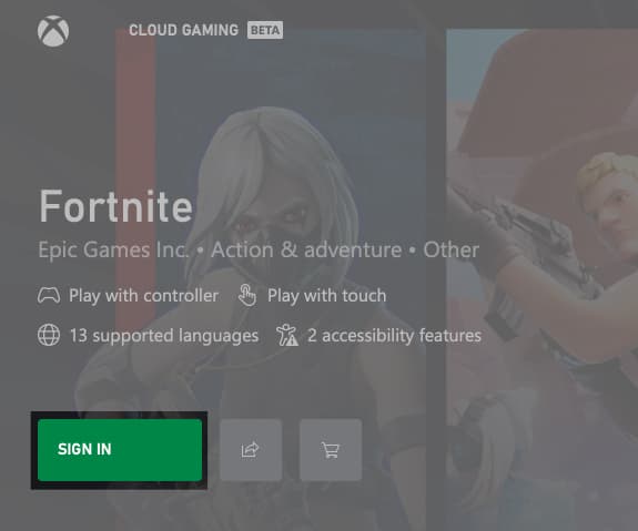 Sign in button on the Xbox Cloud Gaming website.