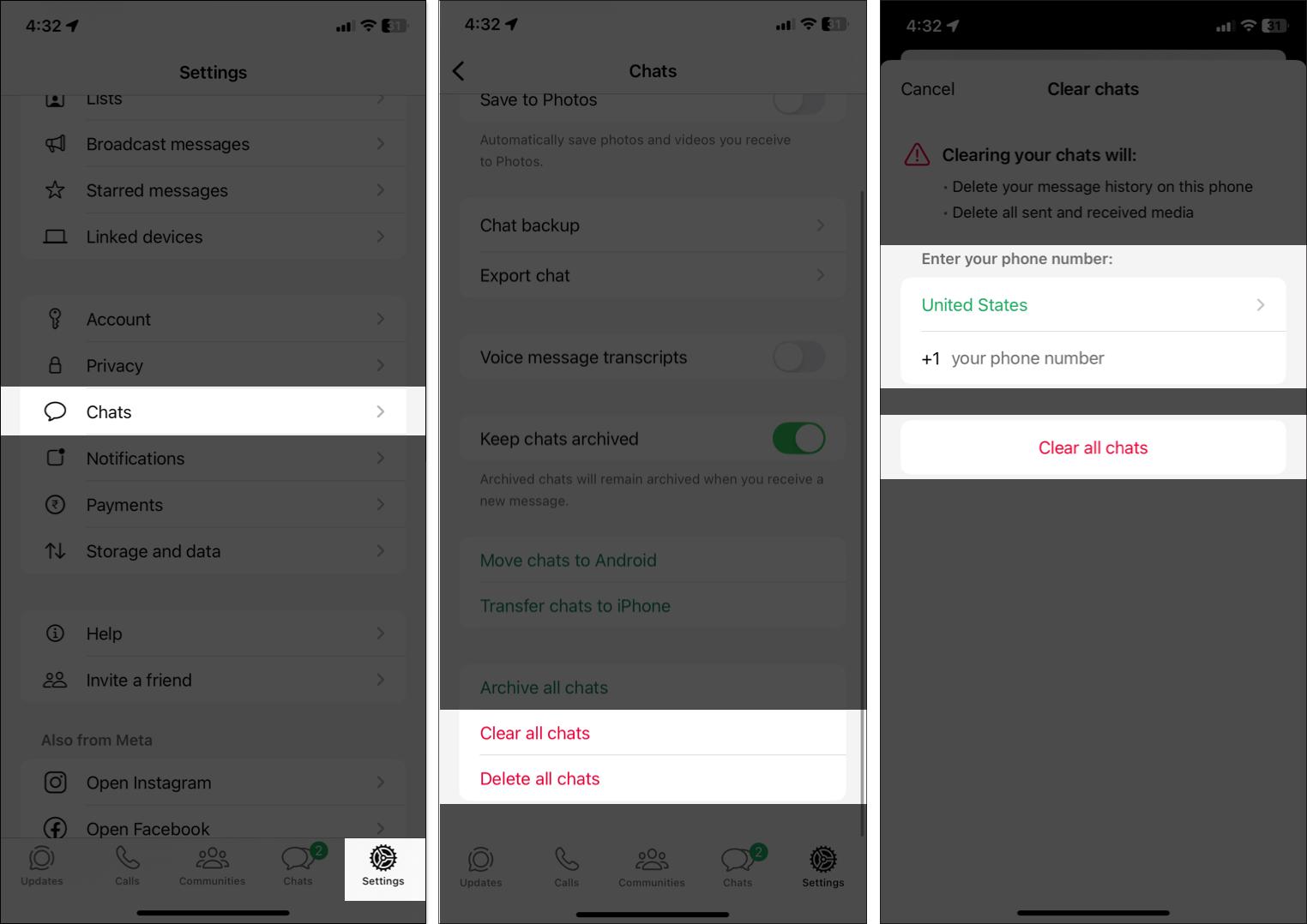 Deleting entire chat storage on iPhone from WhatsApp settings.