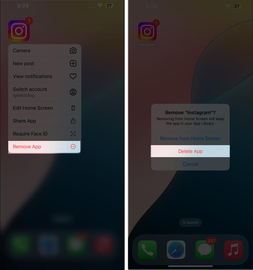 Deleting Instagram app from an iPhone.