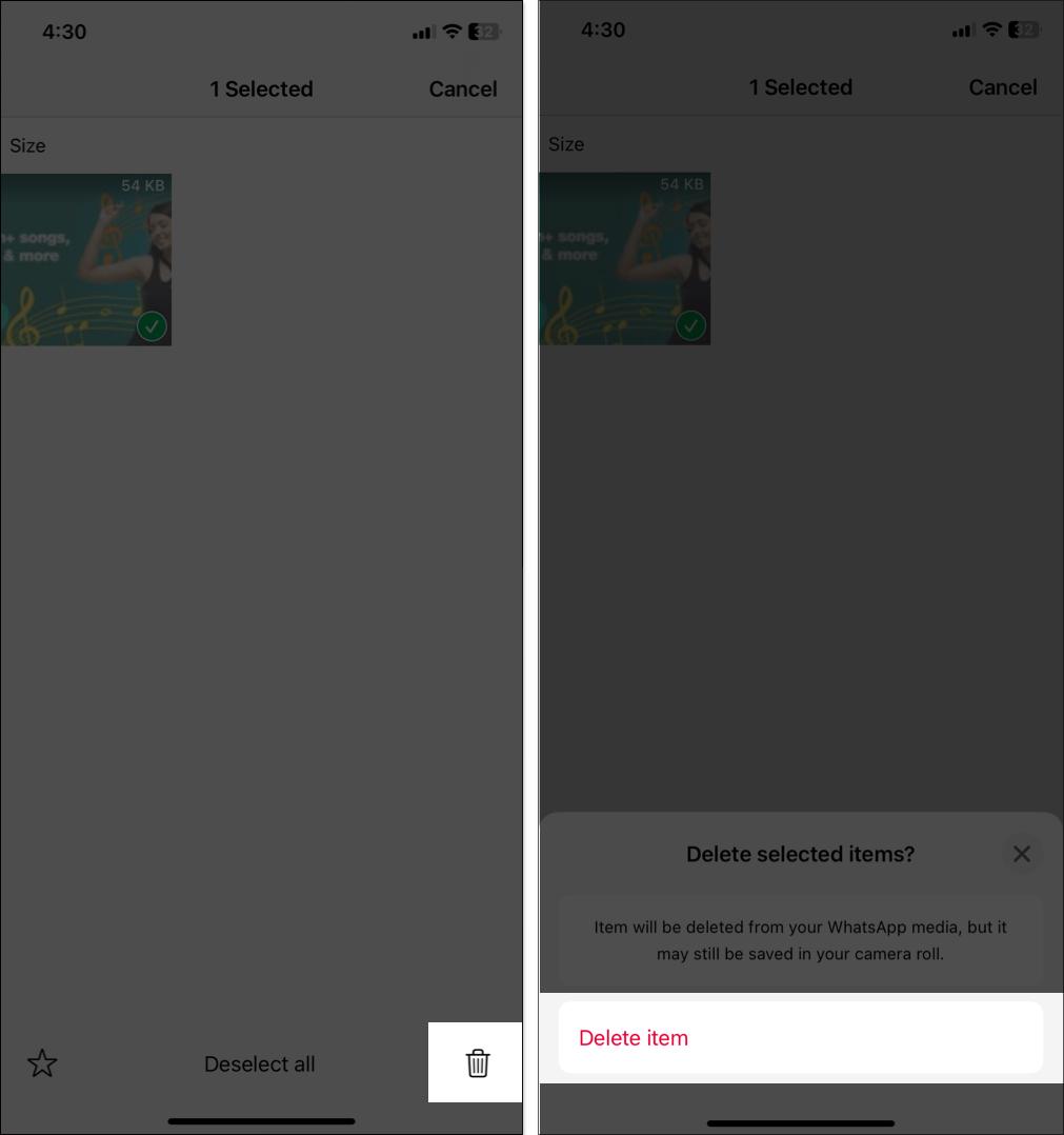 Deleting media files from WhatsApp settings on iPhone.