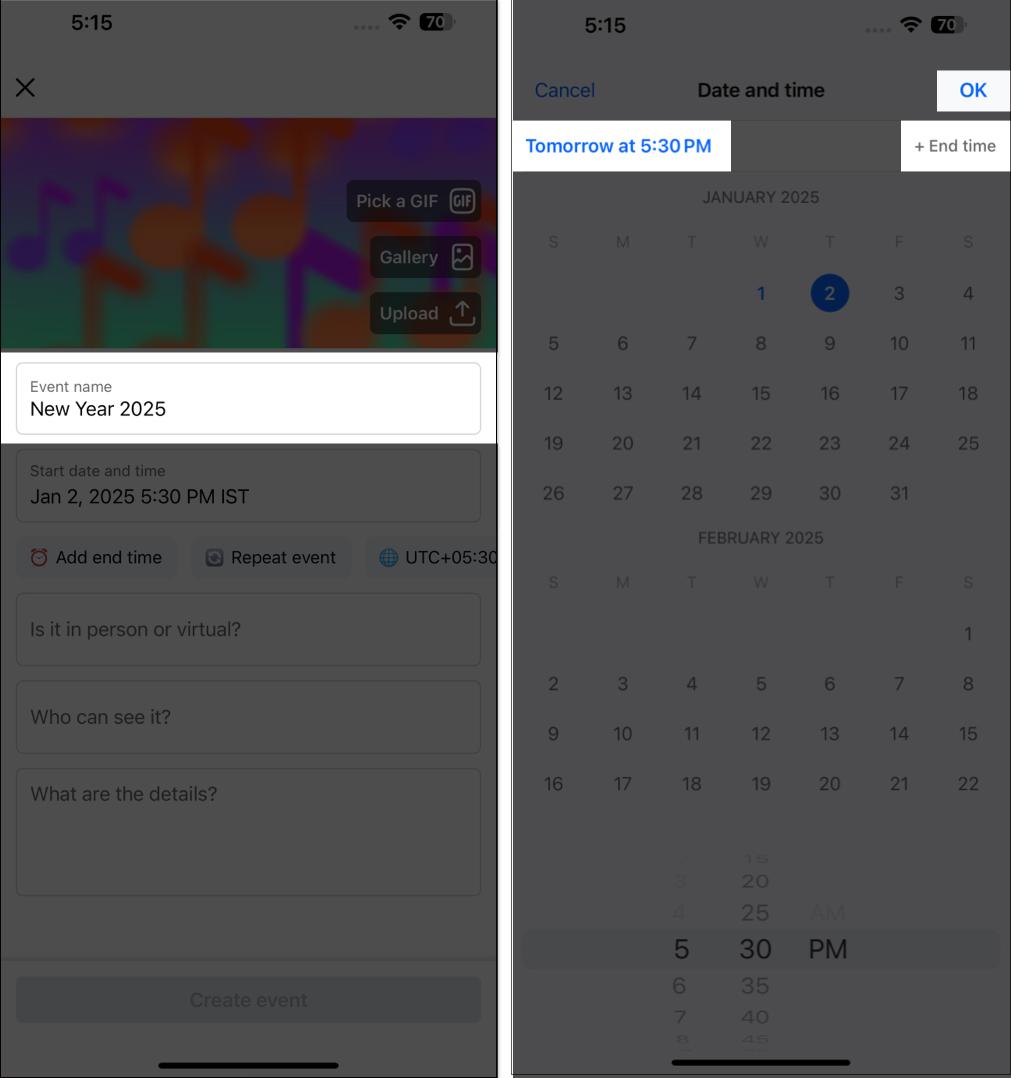 Entering event name and add start and end time.