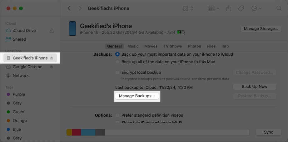 Managing iPhone backup from Mac.