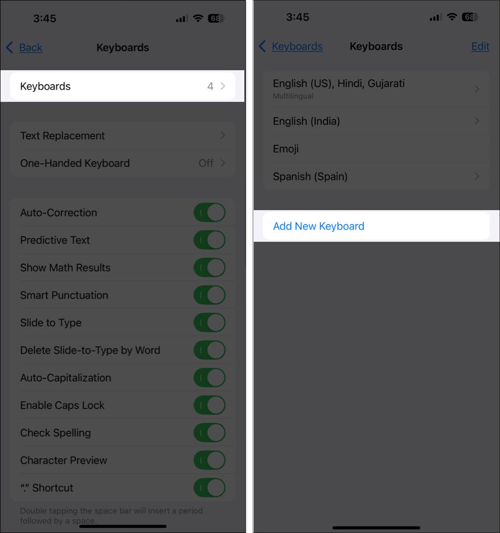 Accessing the Add New Keyboard option in iPhone Settings.