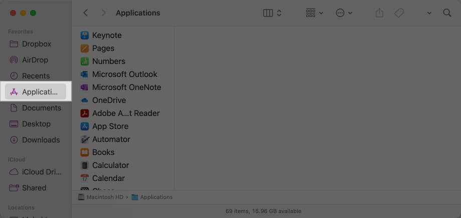 Select Applications from left pane of Finder.