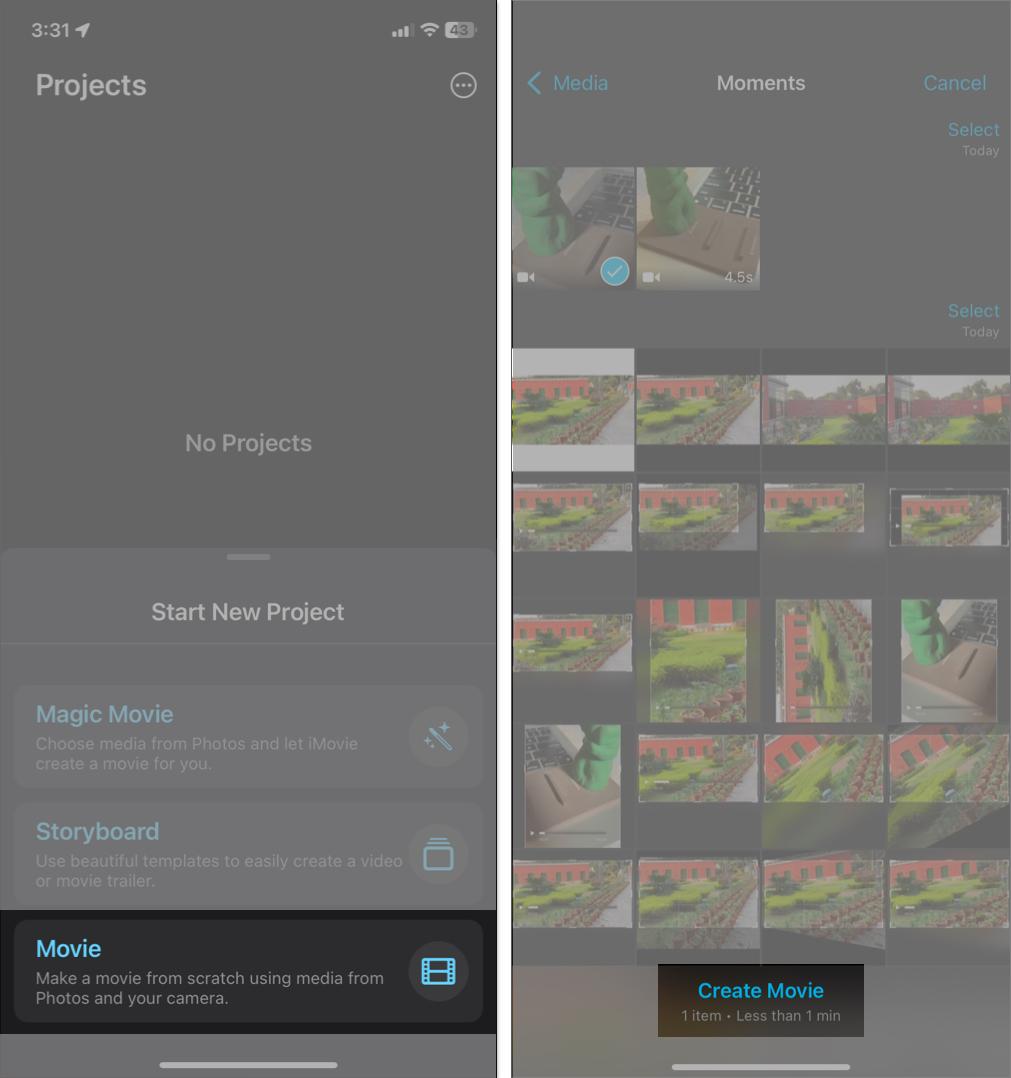 Select Create Movie in iMovie app on iPhone.