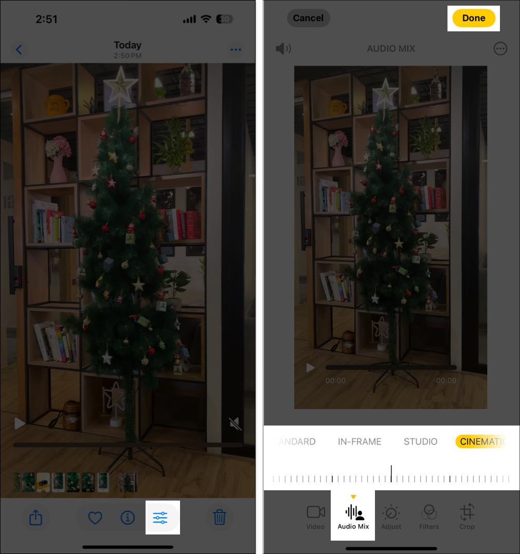 Selecting Audio mix option from the editing window in Photos app on iPhone.