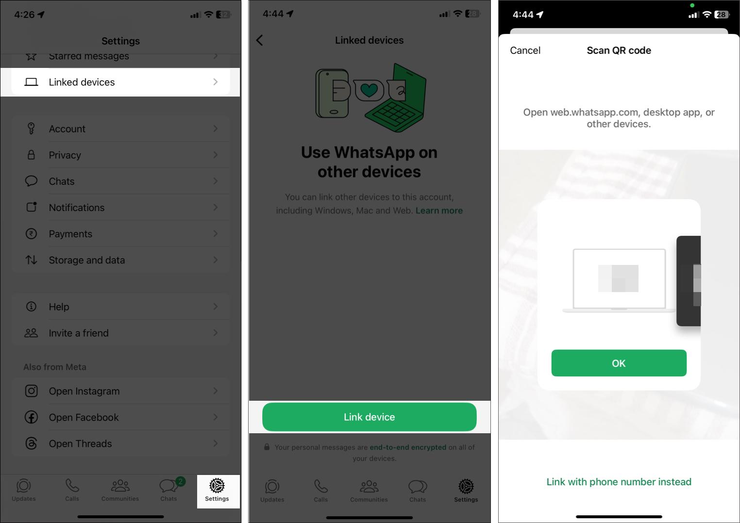 Tap on Linked devices in WhatsApp settings on iPhone.