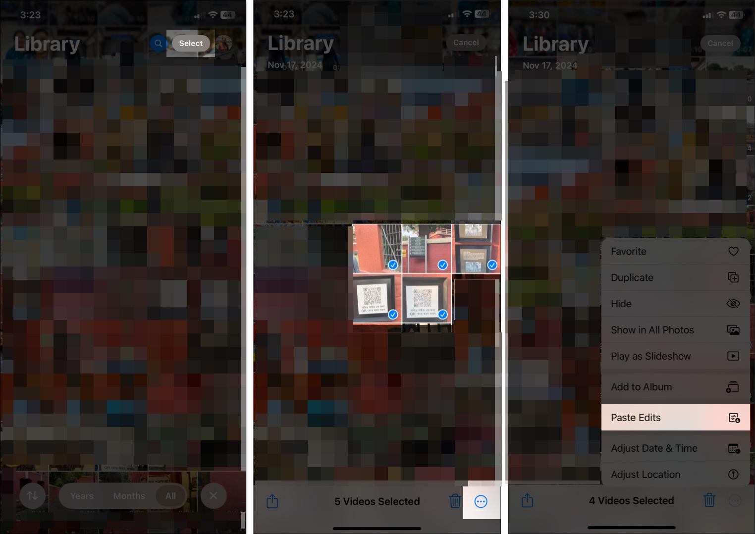 Tap on Paste Edits after selecting videos in Photos app.