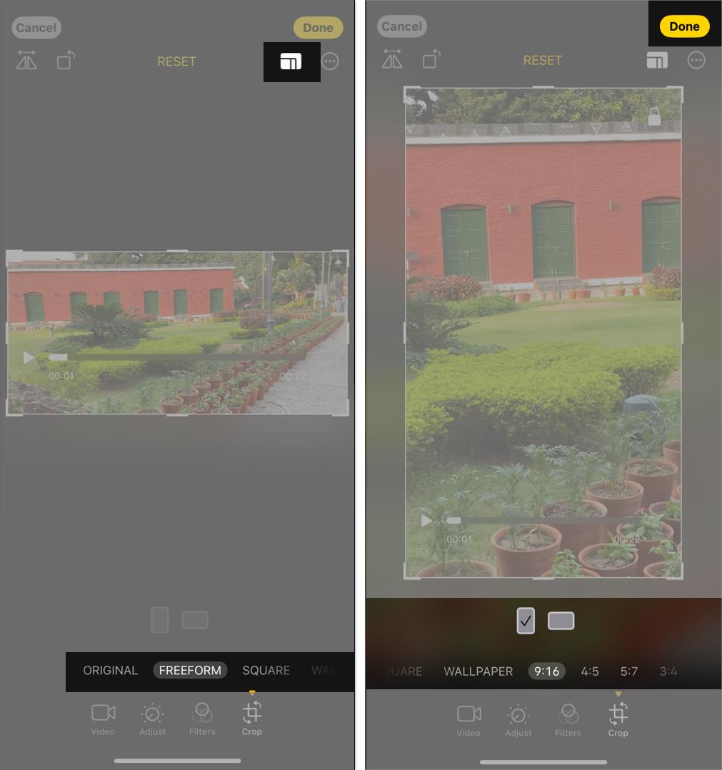 Tap on rectangle icon to crop video.