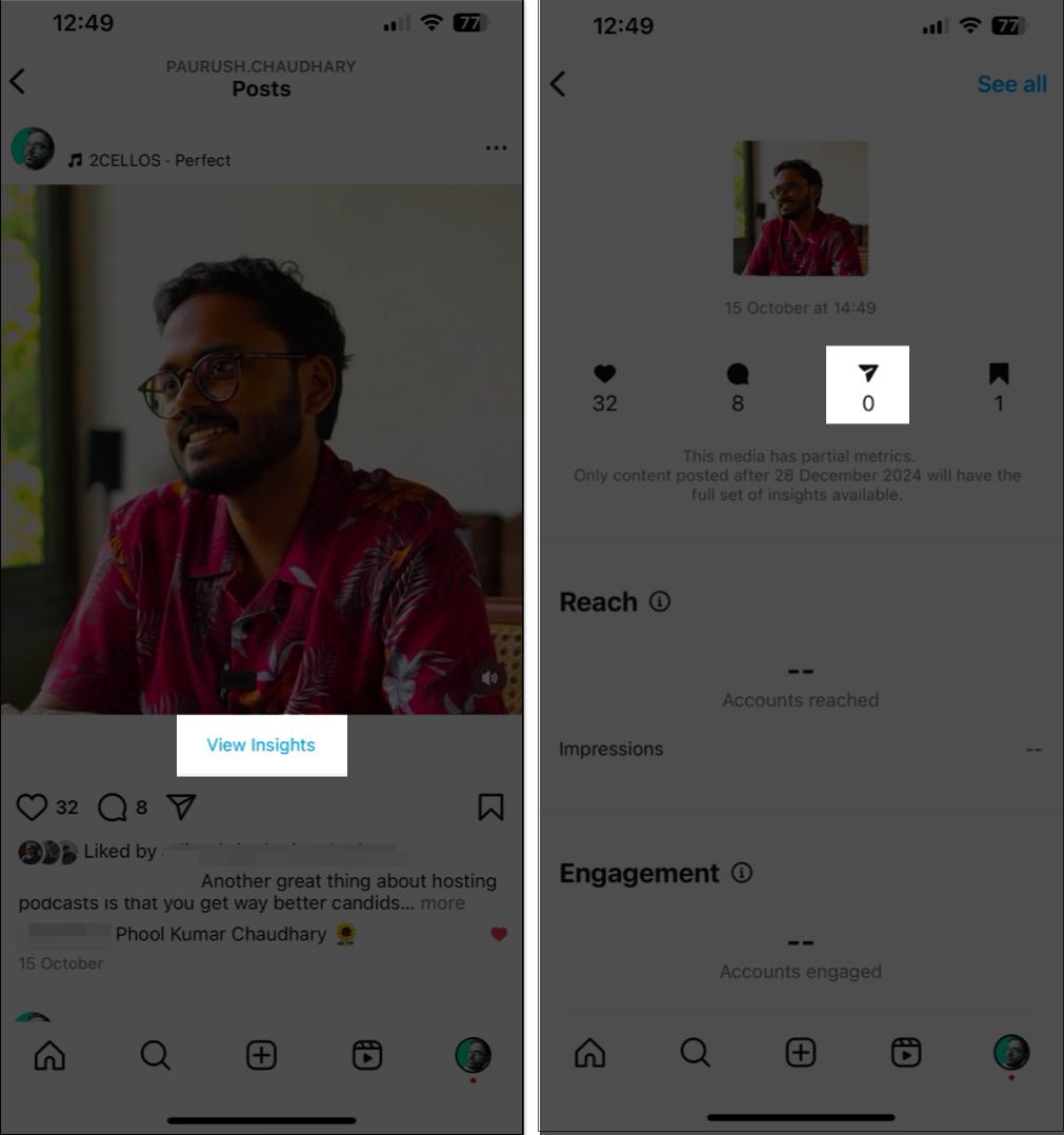 Checking insights for an Instagram post on the iPhone.