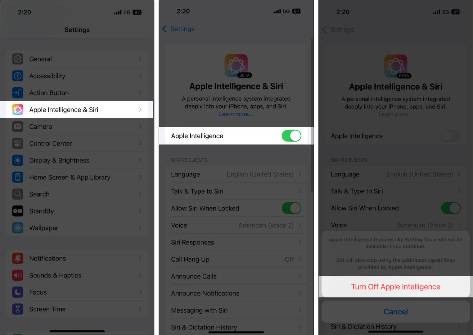 Toggling off Apple Intelligence in the iPhone Settings app.