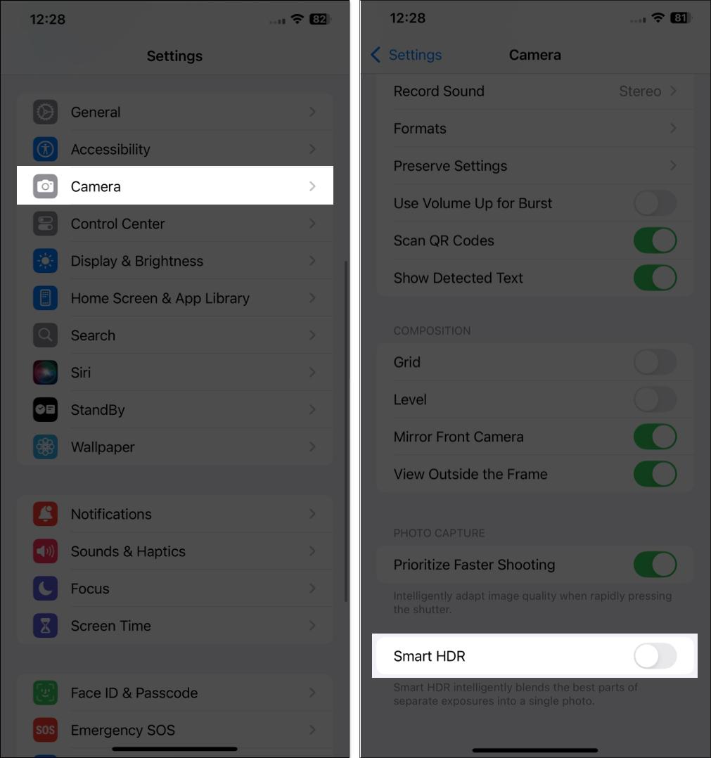 Toggling off Smart HDR from camera settings on iPhone.