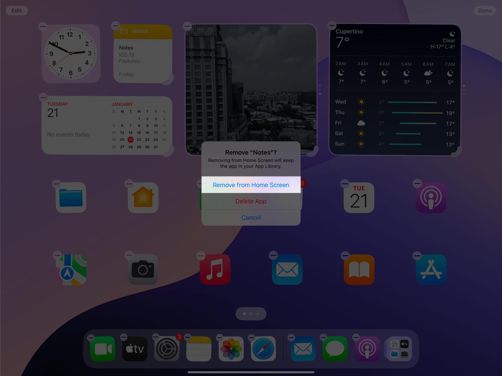 Prompt asking to confirm removing an app from the iPad Dock.