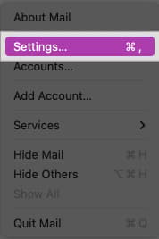 Accessing Apple Mail settings on Mac.