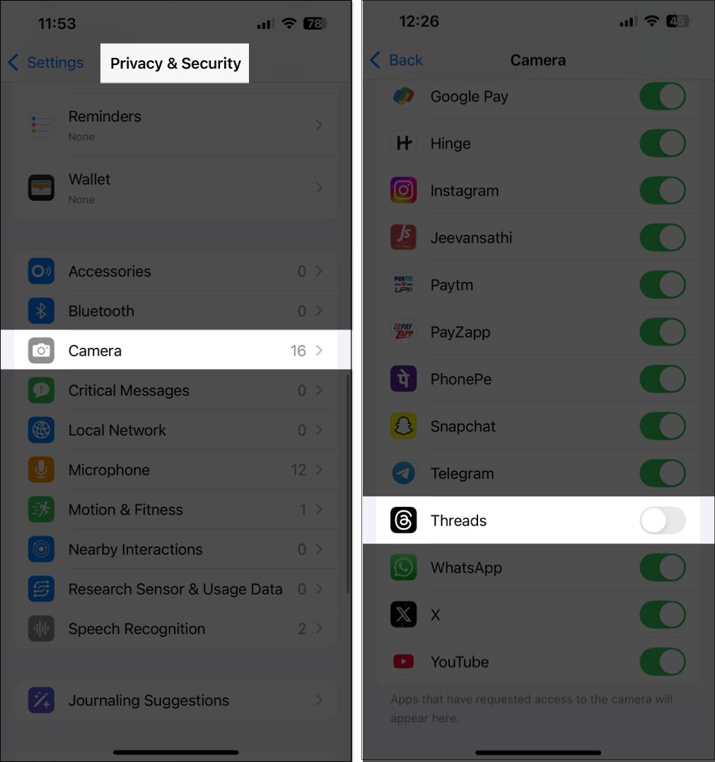 Disabling Camera access for an app on an iPhone.