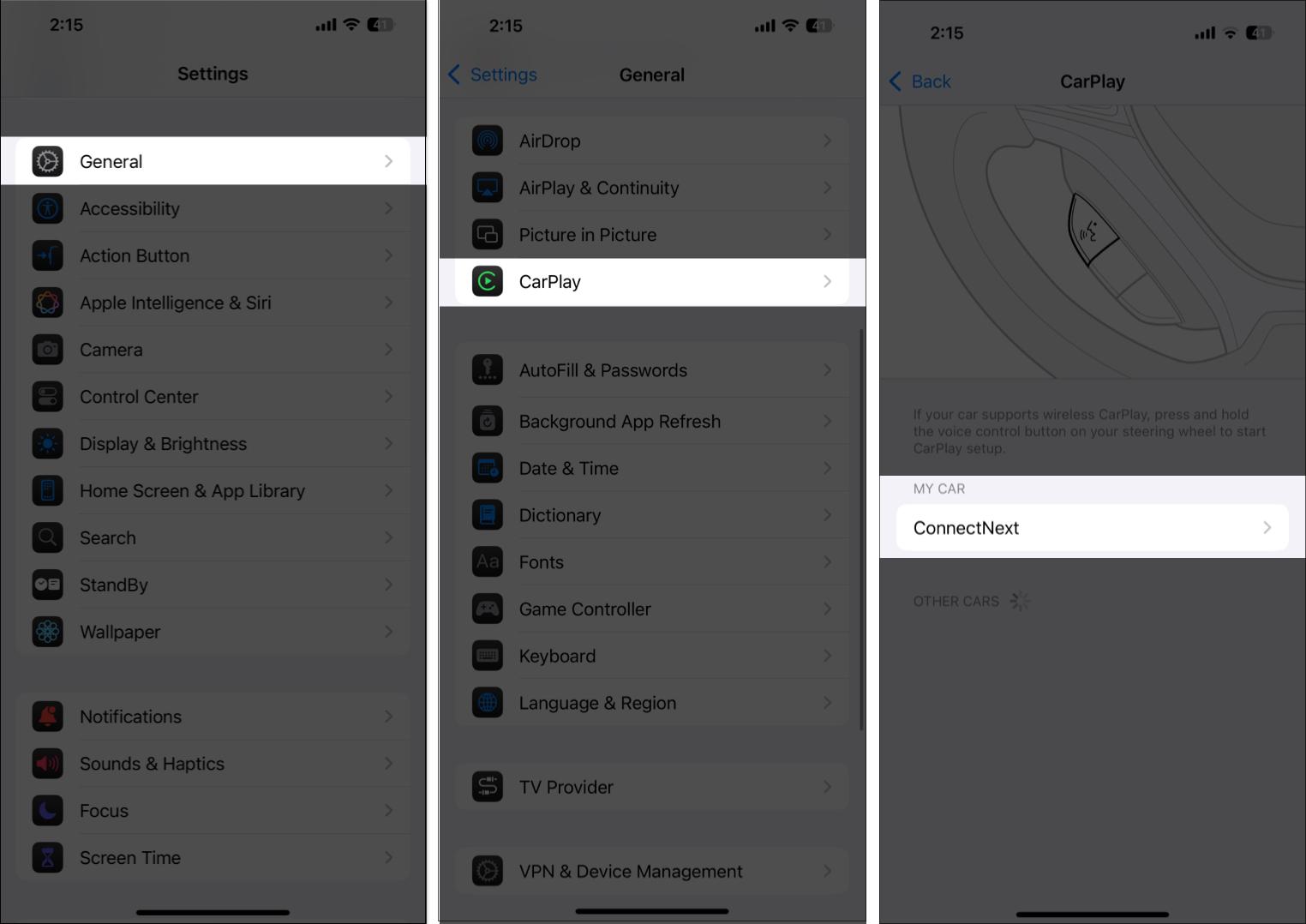 Accessing Carplay settings on iPhone.
