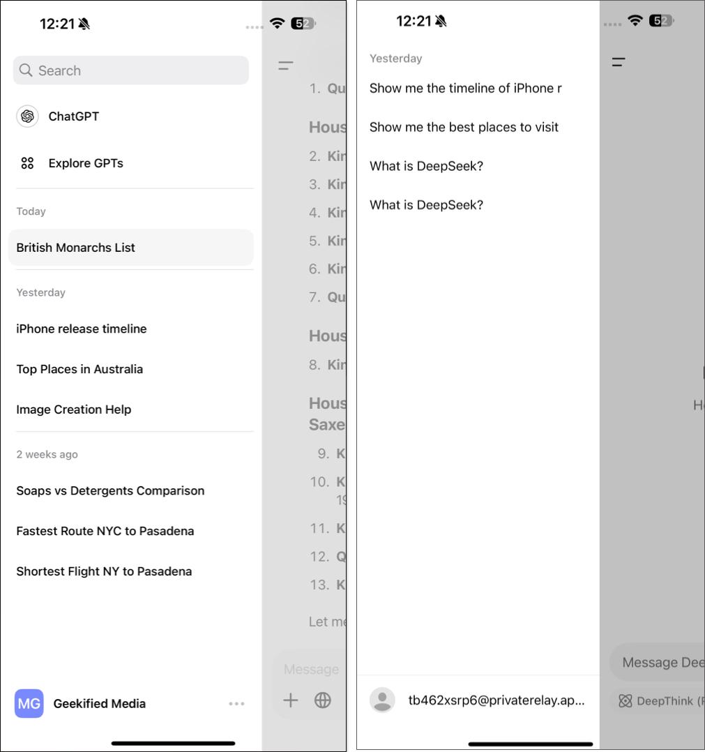 Accessing chat history and settings in ChatGPT and DeepSeek apps.