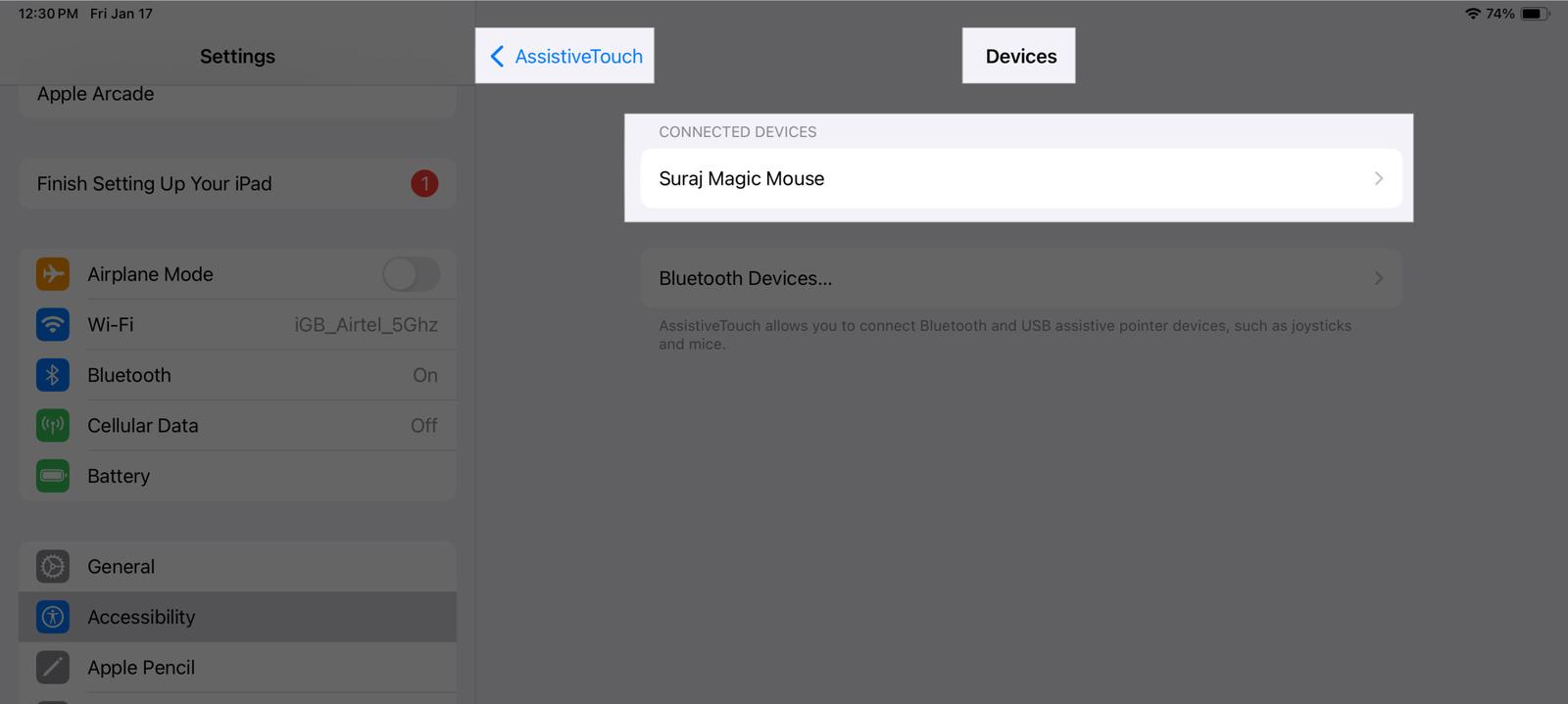 Accessing the connected wired mouse under Connected Devices in the Settings app.