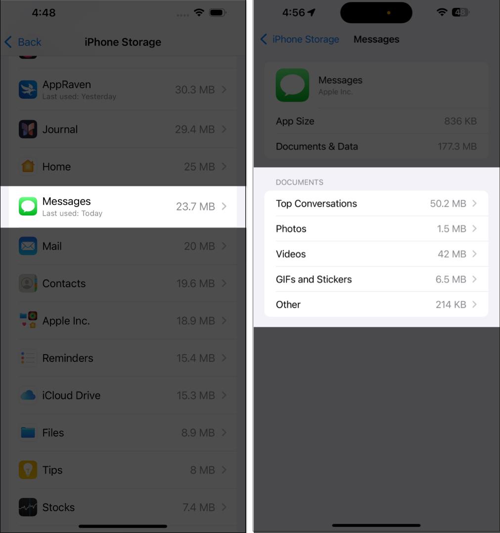 Accessing Messages app documents in iPhone Settings app.