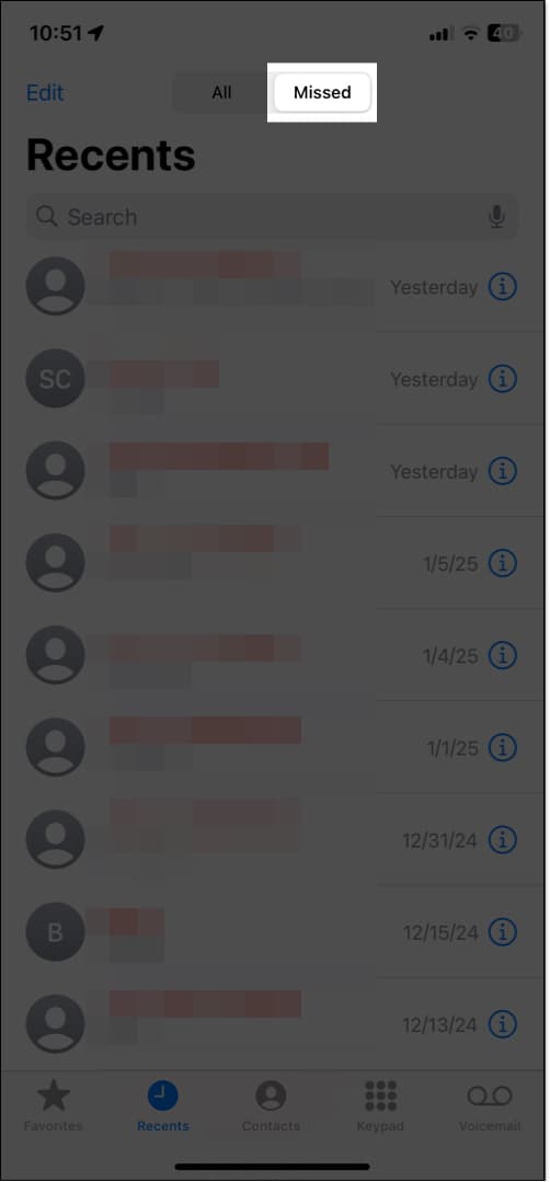 Accessing the Missed call tab in the Phone app on an iPhone.