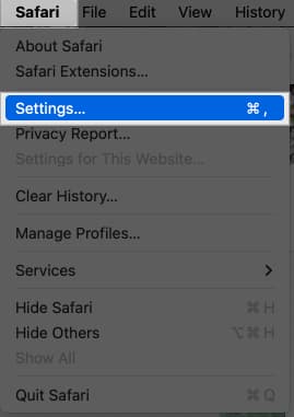 Accessing Safari browser settings on a Mac.
