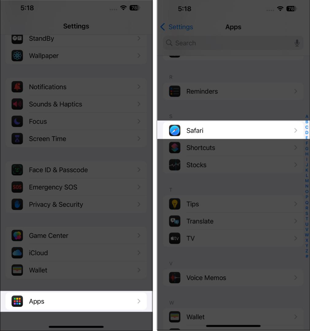 Accessing Safari settings in the iPhone Settings app.