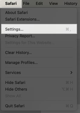 Accessing Safari settings from menu bar on Mac.