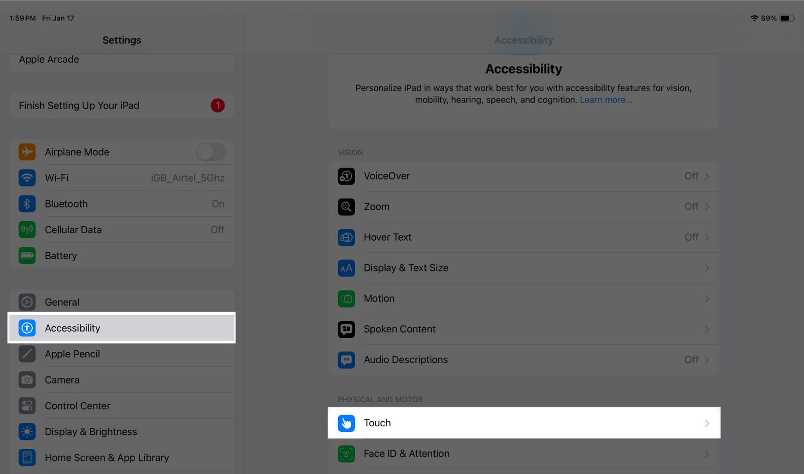 Accessing Touch options from the Accessibility page in iPadOS Settings app.